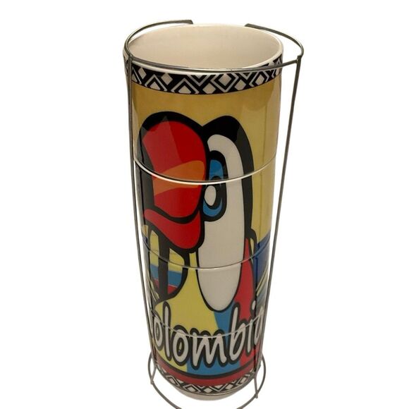 Vintage Columbia Toucan Stacking Coffee Cups. Set of 4 with Metal Holder - Picture 9 of 16